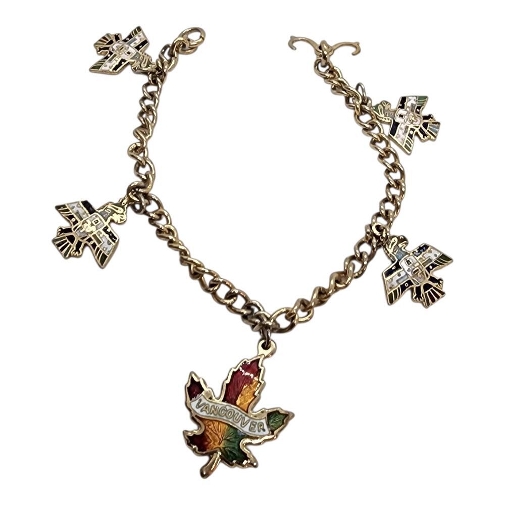 Vintage Vancouver Souvenir Charm Bracelet Gold Tone Enamel Leaf Thunderbirds
